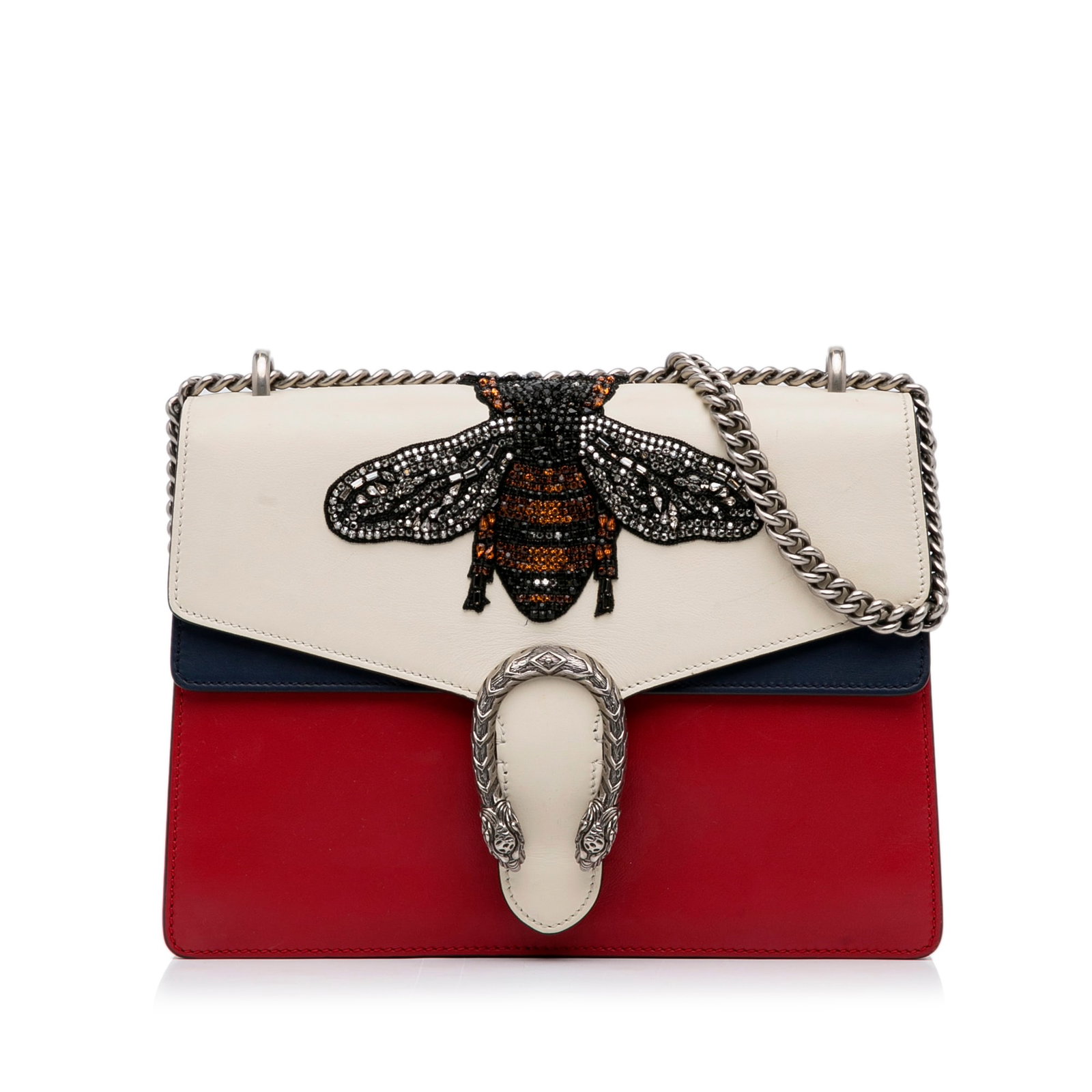 Gucci Medium Embellished Bee Dionysus Shoulder Bag: Gucci Medium Embellished Bee Dionysus Shoulder Bag The Dionysus features a leather body with embellishment a silver tone chain shoulder strap a front flap with push lock closure and an interior zip po