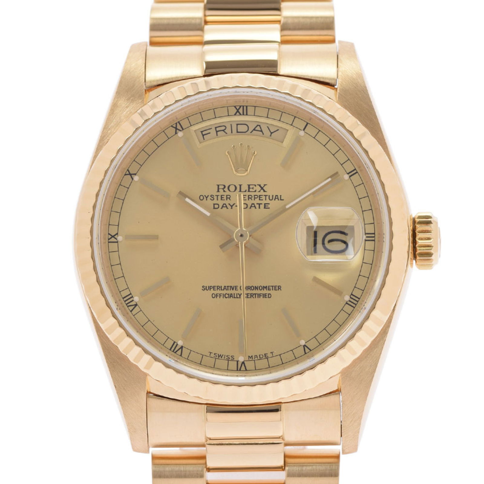 ROLEX Rolex day date 18038 men's YG watch self-winding gold dial: ROLEX Rolex day date 18038 men's YG watch self-winding gold dial Brand: Rolex Line: Day-Date Type: Wristwatch Gender: Men Material (Case): Yellow gold Material (Band): Yellow gold Color (Dial): Gold E