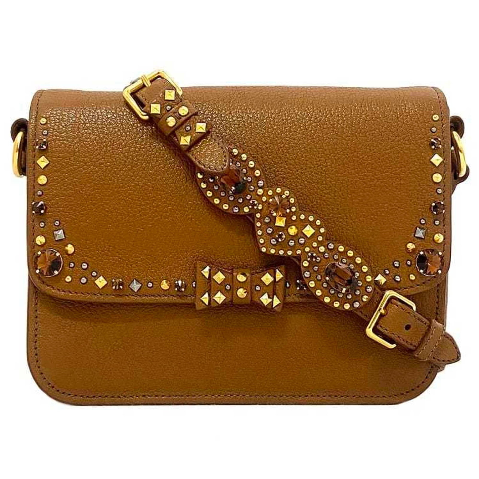 Miu Miu Miu shoulder bag camel brown madras RT0460 ribbon leather miu bijoux flap studs stone: Miu Miu Miu shoulder bag camel brown madras RT0460 ribbon leather miu bijoux flap studs stone pochette women's Brand: Miu Miu Type: Pochette Shoulder bag Material: Leather Leather: Color: Brown Camel 