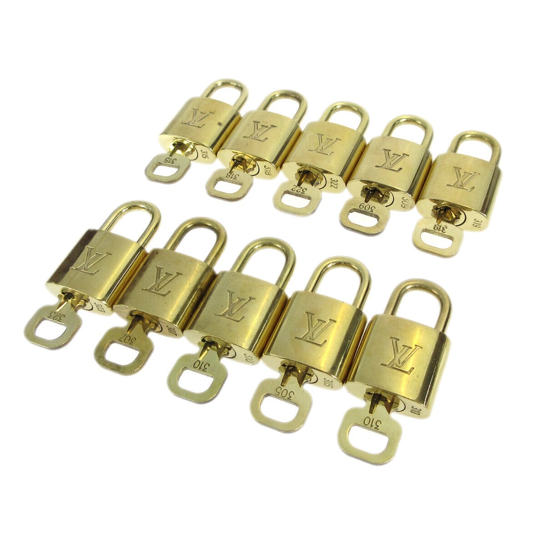 LOUIS VUITTON Padlock & Key Bag Accessories Charm 10 Piece Set Gold: LOUIS VUITTON Padlock & Key Bag Accessories Charm 10 Piece Set Gold Type: Padlock Color: Gold Outside Condition: C: Heavily Used/Inside Condition: C: Heavily Used The BIDHAUS Guarantee: All items in t