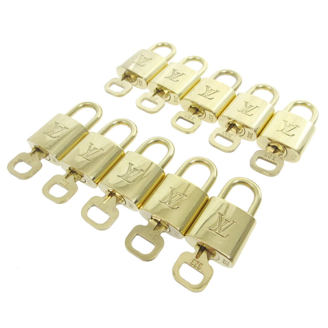 LOUIS VUITTON Padlock & Key Bag Accessories Charm 10 Piece Set Gold: LOUIS VUITTON Padlock & Key Bag Accessories Charm 10 Piece Set Gold Type: Padlock Color: Gold Outside Condition: AB: Very Good/Inside Condition: C: Heavily Used The BIDHAUS Guarantee: All items in thi