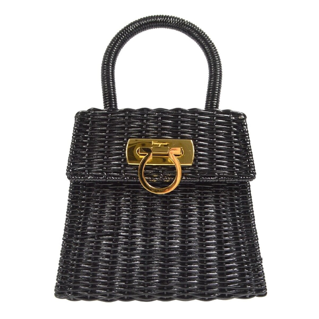 Salvatore Ferragamo Gancini Handbag Black Rattan DO-216176: Salvatore Ferragamo Gancini Handbag Black Rattan DO-216176 Bag Width: 8 in Bag Height: 7 in Size: Medium Handle Drop: 4 in Lining Material: Canvas Bag Depth: 4 in Exterior Material: Rattan Exterior Co
