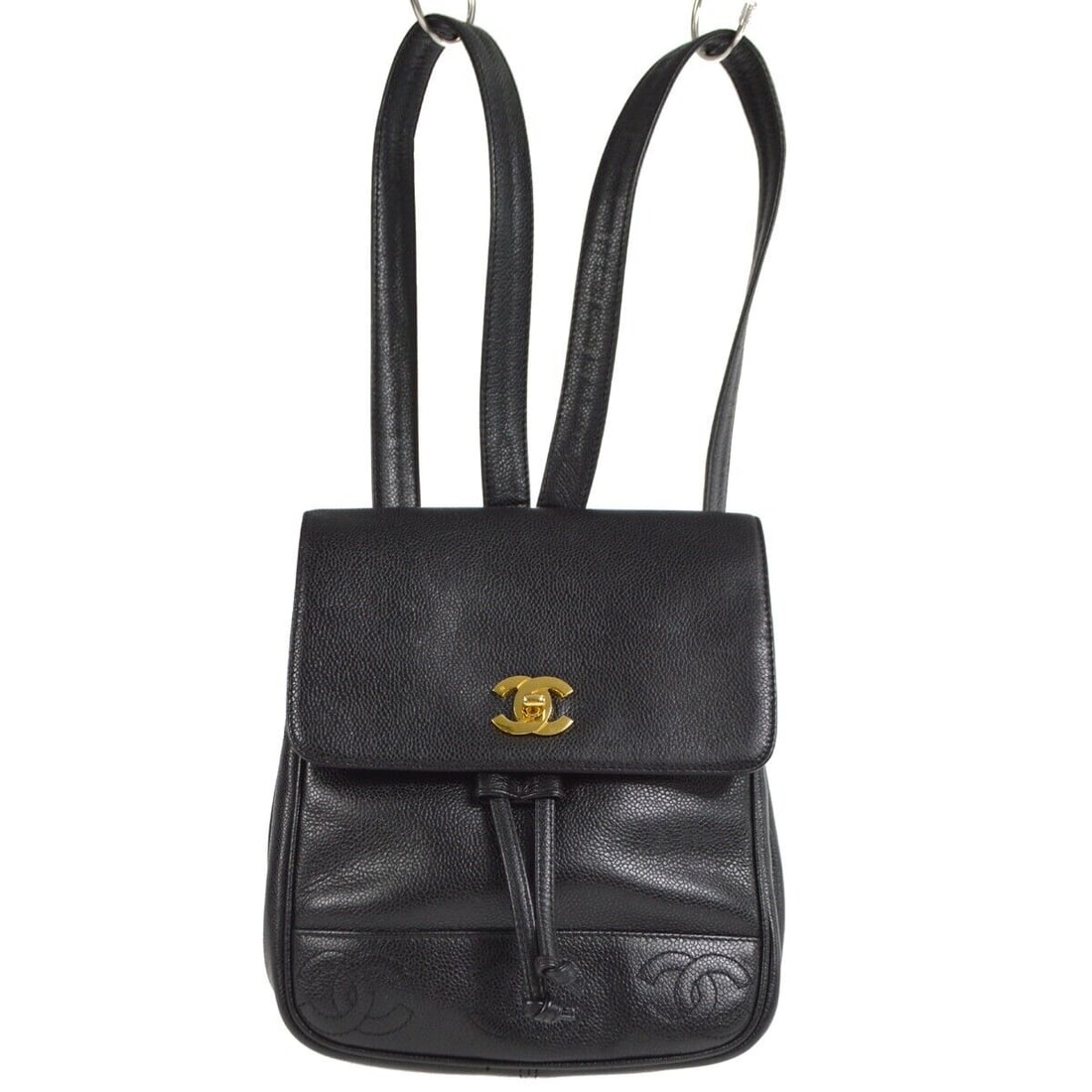 Chanel Triple CC Chain Backpack Purse Black Caviar Skin Leather 4278280: Chanel Triple CC Chain Backpack Purse Black Caviar Skin Leather 4278280 Bag Width: 8 in Bag Height: 10 in Closure: Drawstring Flap Turnlock Occasion: Casual Size: Medium Lining Material: Leather Hardw