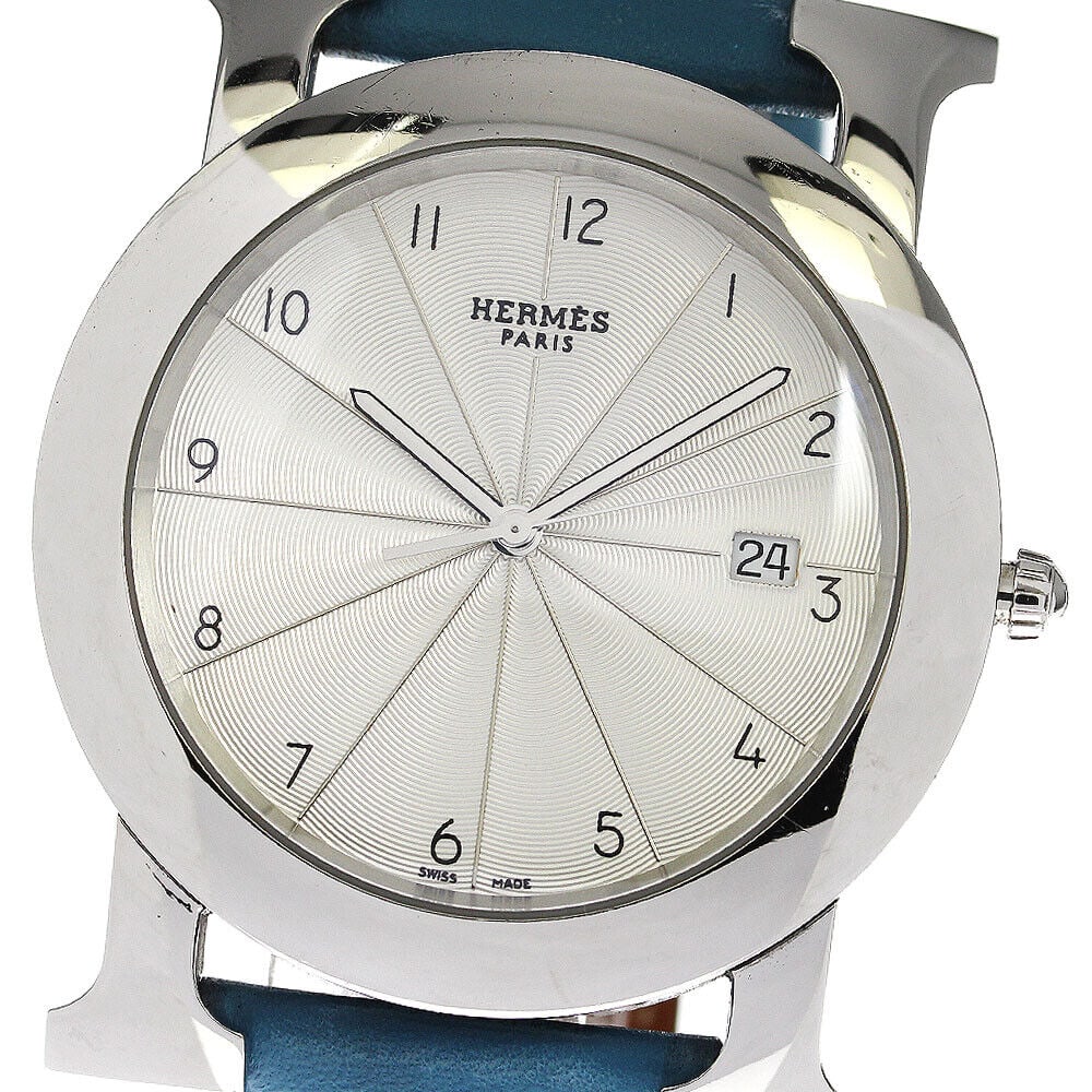 Hermes HR1.710 H Watch Rondo Date Quartz Stainless Mens Watch Pre-Owned: Hermes HR1.710 H Watch Rondo Date Quartz Stainless Mens Watch Pre-Owned Type: wristwatch brandHermes Model nameH Watch Rondo sexmen's case materialSS belt materialleather dial colorsilver machine type