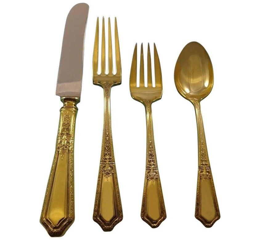 D'Orleans Gold by Towle Sterling Silver Flatware Service Set 8 Vermeil 32 Pieces: D'Orleans Gold by Towle Sterling Silver Flatware Service Set 8 Vermeil 32 Pieces Gorgeous d'orleans gold by towle sterling silver flatware set - 32 pieces. Gold flatware is on trend and makes a bold s