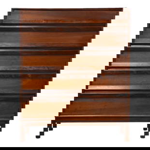 Walnut and Rosewood Dresser by American of Martinsville: Walnut and Rosewood Dresser by American of Martinsville A mid century modern walnut tall dresser with rosewood pull accents made by American of Martinsville. Professionally refinished. 38" wide. 19" d