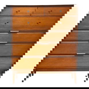American of Martinsville Tall Dresser: American of Martinsville Tall Dresser A mid century modern walnut tall dresser made by American of Martinsville with six drawers sculpted pulls and black knobs. 36" wide. 18" deep. 42.75" tall. Dimens