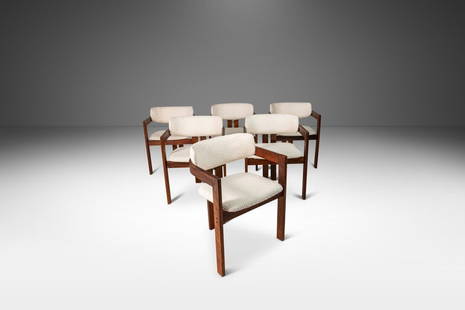 Set Of Six (6) "Pamplona" Arm Dining Chairs In Rosewood & White Boucle After Augusto Savini C. 1970S: Set Of Six (6) "Pamplona" Arm Dining Chairs In Rosewood & White Boucle After Augusto Savini C. 1970S Set of Six (6) "Pamplona" Arm Dining Chairs in Rosewood & White Boucle After Augusto Savini c. 1970