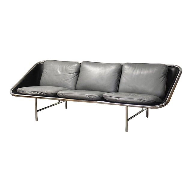 George Nelson for Herman Miller Sling Sofa: George Nelson for Herman Miller Sling Sofa A mid century modern grey leather three seater sofa designed by George Nelson for Herman Miller. Polished chrome frame. Seat height is 16". 87" wide. 32" dee