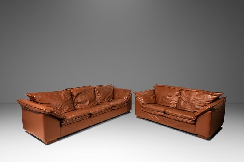 Set Of Two (2) Modern Low Profile Sofas In Cognac Brown Leather In The Manner Of Niels Eilersen Usa: Set Of Two (2) Modern Low Profile Sofas In Cognac Brown Leather In The Manner Of Niels Eilersen Usa C. 1990S Set of Two (2) Modern Low Profile Sofas in Cognac Brown Leather in the Manner of Niels Eile