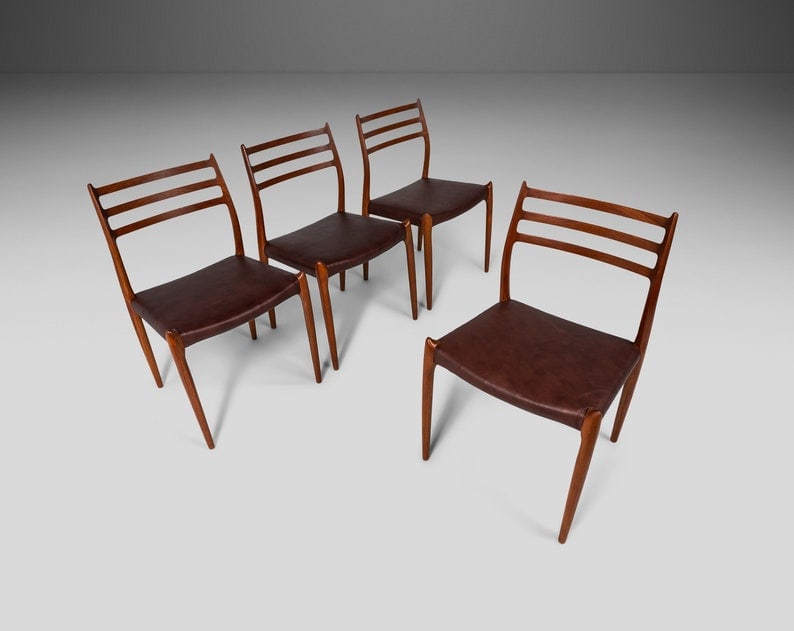 Set Of Four (4) Teak Moller Model 78 Dining Chairs In Leather By J.L. Mollers Mobelfabrik Denmark C.: Set Of Four (4) Teak Moller Model 78 Dining Chairs In Leather By J.L. Mollers Mobelfabrik Denmark C. 1960S Set of Four (4) Teak Moller Model 78 Dining Chairs in Leather by J.L. Mollers Mobelfabrik Den