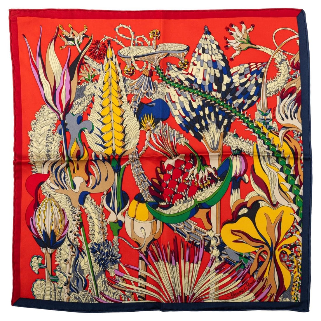 Hermes NIB Tropicl Flowers Silk Gavroche: Hermes NIB Tropicl Flowers Silk Gavroche Designer: Hermes Dimensions: Height: 17 in (43.18 cm)Length: 17 in (43.18 cm) Place of Origin: France Period: 21st Century Pre-Owned The BIDHAUS Guarantee: All