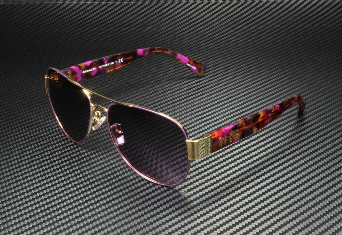 COACH HC7059 924890 Purple Gold Pilot Womens 58 mm Sunglasses: COACH HC7059 924890 Purple Gold Pilot Womens 58 mm Sunglasses Lens Technology: Non-Polarized Frame Color: Purple Type: Sunglasses Lens Material: Glass Style: Aviator Frame Material: Hypoallergenic Ace