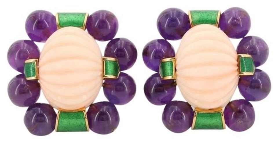 David Webb 18K Yellow Gold Amethyst & Coral With Enamel Earrings: David Webb 18K Yellow Gold Amethyst & Coral With Enamel Earrings Type: Earrings Metal: 18K Yellow Gold Grams: 52.7 Condition: Excellent. Signed By: WEBB Brand: David Webb Other Details: David Webb 18K