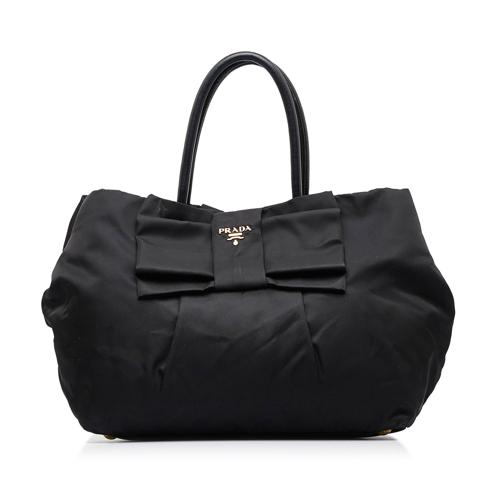 Prada Tessuto Fiocco Bow Tote: Prada Tessuto Fiocco Bow Tote This tote bag features a nylon body rolled leather handles an open top with magnetic snap closure and interior zip pockets. Brand: Prada Model: Tessuto Fiocco Bow Tote Or