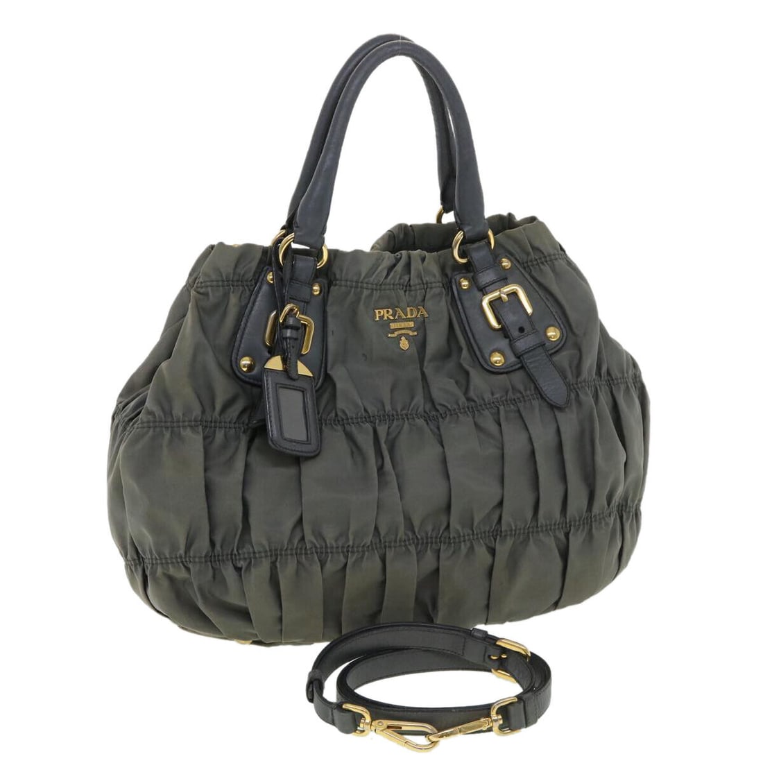 PRADA Shoulder Bag Nylon 2way Khaki: PRADA Shoulder Bag Nylon 2way Khaki Style: Shoulder Bag Material: Nylon Exterior Color: Khaki Bag Height: 11.8inch(Approx) / 30cm(Approx) Bag Depth: 5.1inch(Approx) / 13cm(Approx) Bag Length: 11.8inch