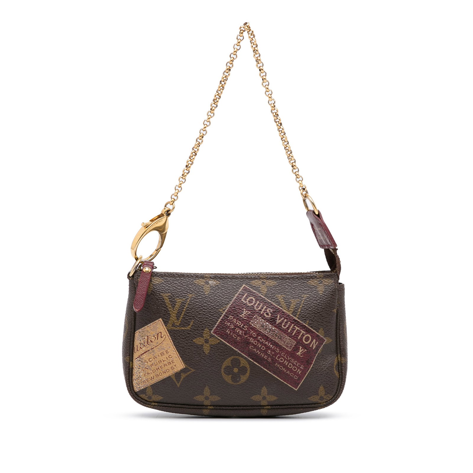 Louis Vuitton Monogram Stamps Mini Pochette Accessoires: Louis Vuitton Monogram Stamps Mini Pochette Accessoires The Mini Pochette Accessoires features a monogram canvas body a gold-tone chain strap and a top zip closure. Brand: Louis Vuitton Model: Monogra