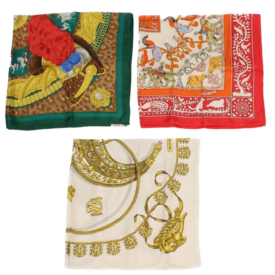 HERMES Carre 90 Scarf Silk 3Set Green White Red: HERMES Carre 90 Scarf Silk 3Set Green White Red Style: Scarf Material: Silk Color: Green / White / Red Country Of Manufacture: France Type: Scarf Exterior Material: Silk C: Heavily Used The BIDHAUS Gu