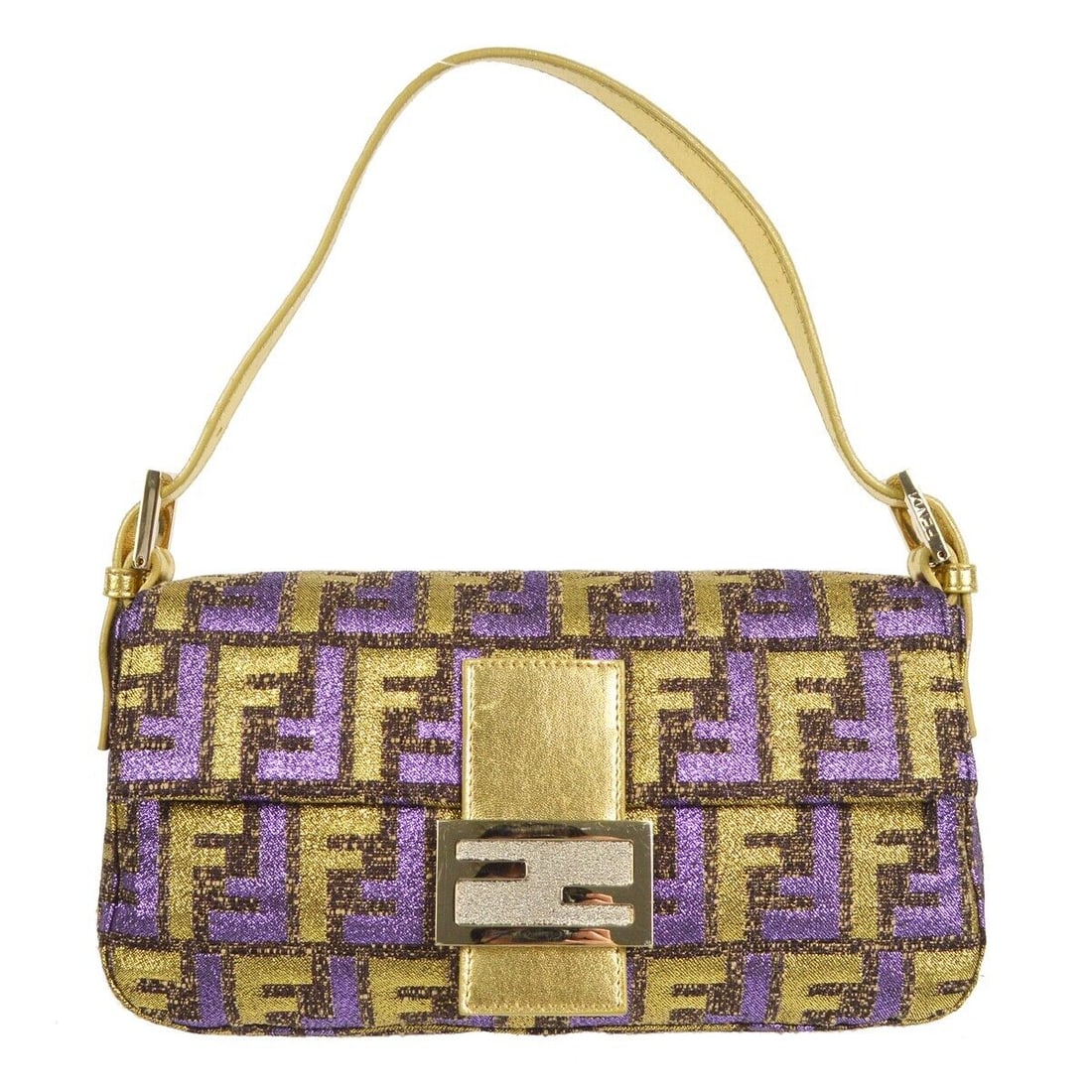 Fendi Zucca Baguette Handbag Purse Gold Purple 2579-8BR000RAQ-059: Fendi Zucca Baguette Handbag Purse Gold Purple 2579-8BR000RAQ-059 Bag Width: 10 in Pattern: Fendi Zucca Bag Height: 5 in Closure: Flap Magnet Occasion: Casual Handle/Strap Color: Gold Size: Medium Han