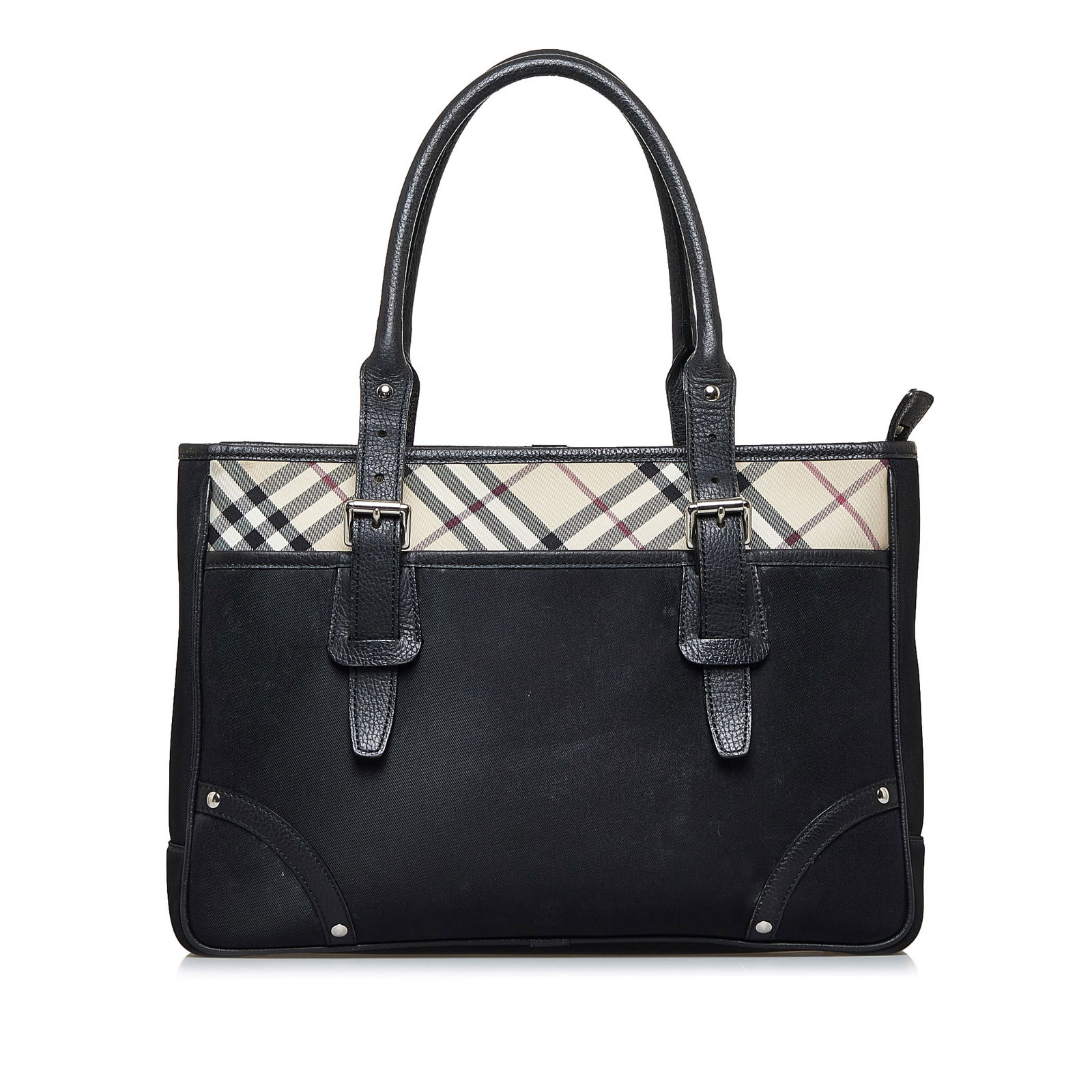 Burberry Nova Check Tote: Burberry Nova Check Tote This tote bag features a nylon body with leather trim front and back exterior slip pockets rolled leather handles a top zip closure and interior zip and slip pockets. Brand: B