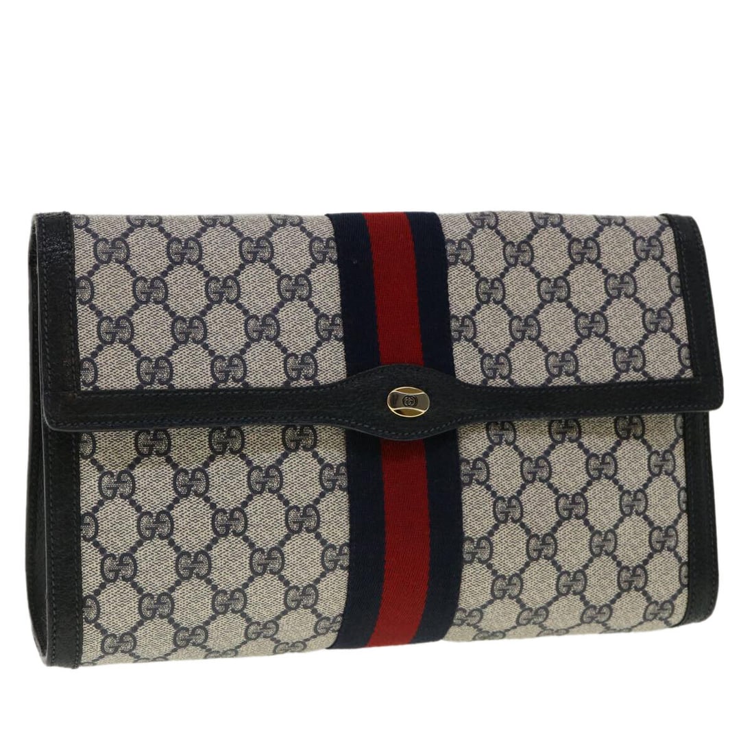 GUCCI GG Canvas Sherry Line Clutch Bag Gray Navy Red 89.01.007: GUCCI GG Canvas Sherry Line Clutch Bag Gray Navy Red 89.01.007 Style: Clutch Bag Material: GG Canvas Exterior Color: Gray / Navy / Red Bag Height: 6.1inch(Approx) / 15.5cm(Approx) Bag Depth: 3.3inch(A