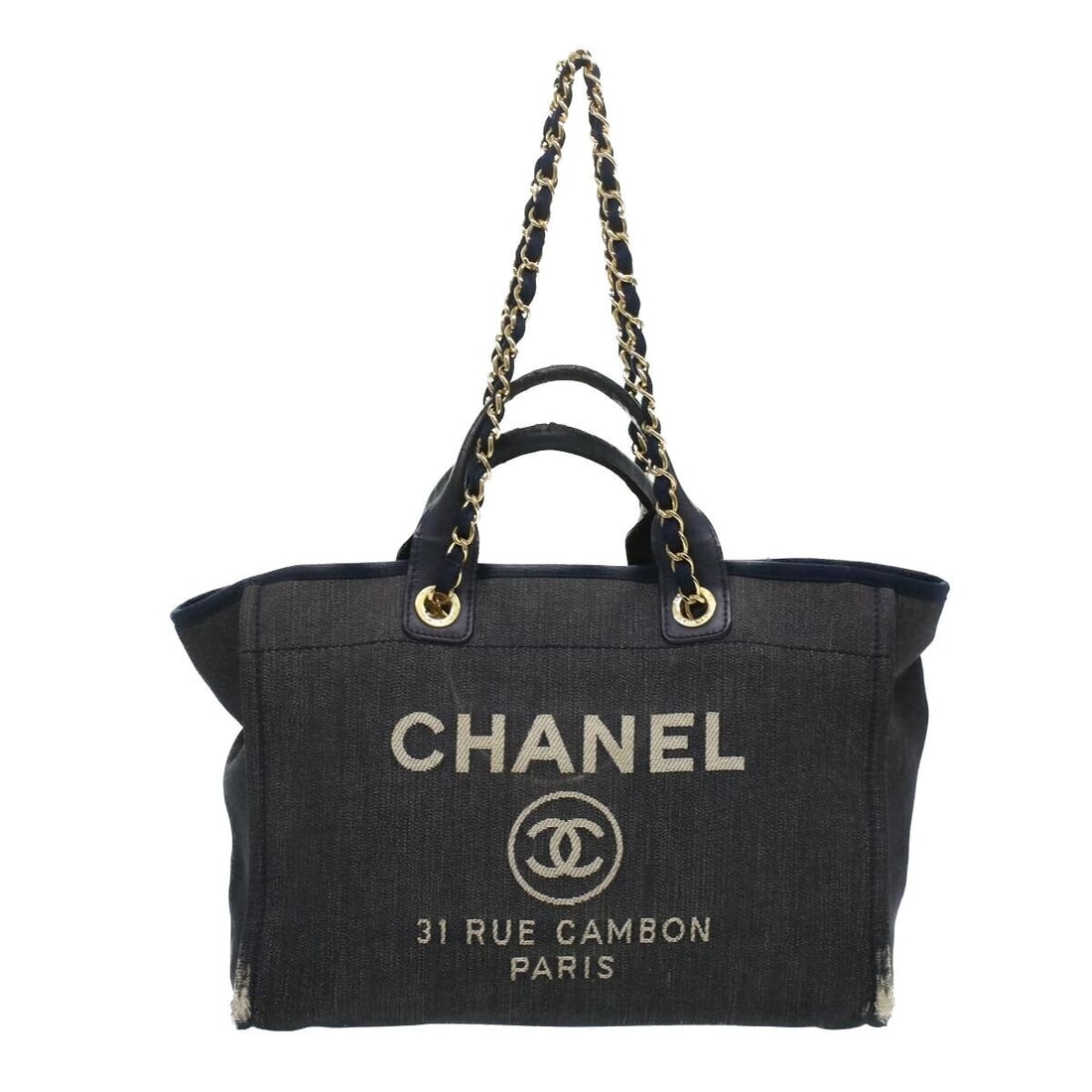 CHANEL Deauville line Tote Bag Canvas 2way Navy CC: CHANEL Deauville line Tote Bag Canvas 2way Navy CC Style: Tote Bag Material: Canvas Exterior Color: Navy Bag Height: 11.0inch(Approx) / 28cm(Approx) Bag Depth: 7.9inch(Approx) / 20cm(Approx) Bag Lengt