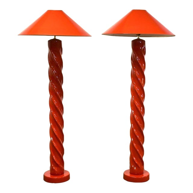 One Michael Taylor Style Spiral Floor Lamp: One Michael Taylor Style Spiral Floor Lamp A modern floor lamp in vibrant red. In the style of Michael Taylor. Some minor chips shown. This listing is for one lamp. Two available. Shade has a 25" diam