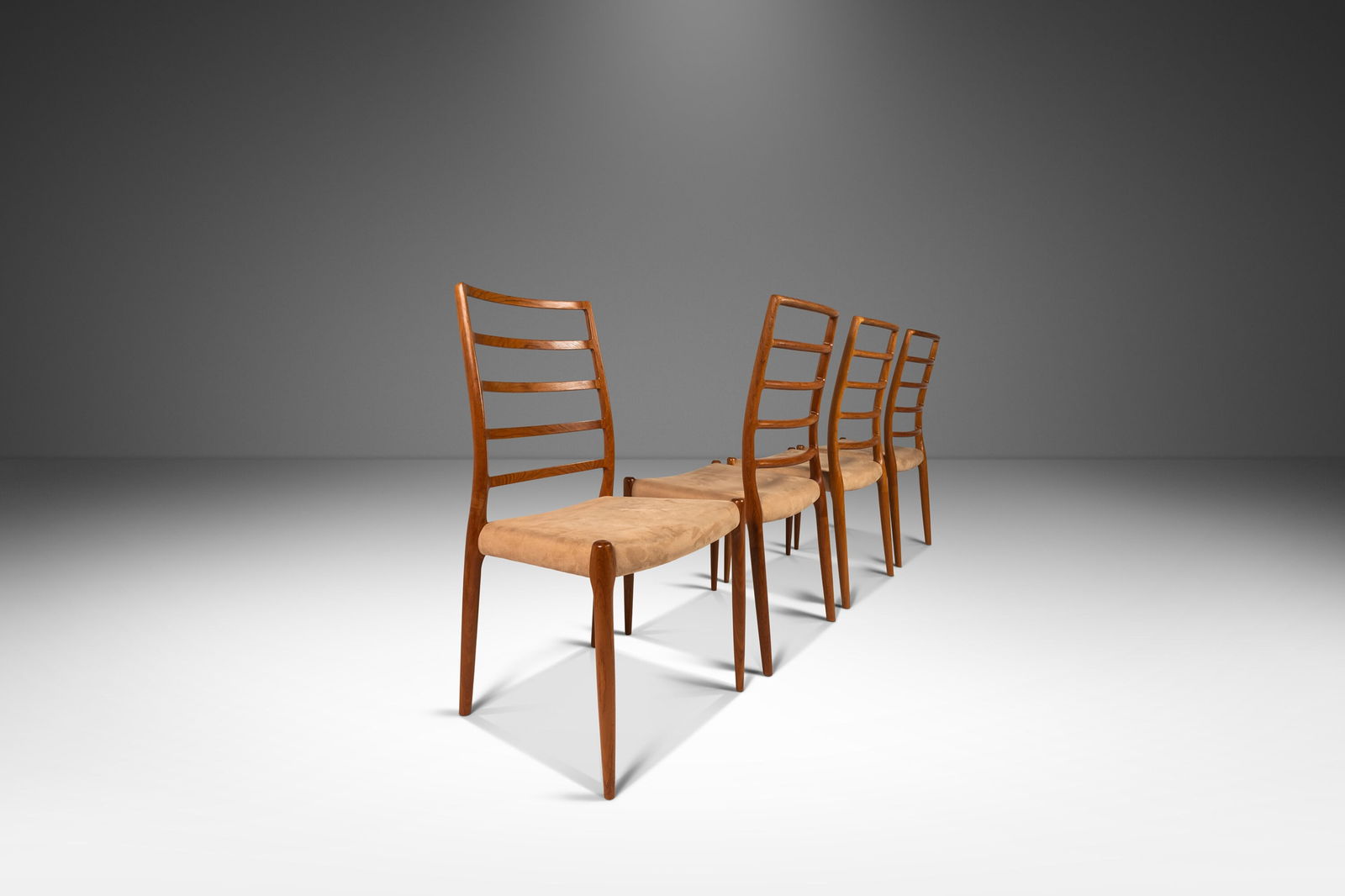 Set of Four ( 4 ) Model No. 82 Ladderback Dining Chairs in Teak by Niels Moller for J.L. Mollers: Set of Four ( 4 ) Model No. 82 Ladderback Dining Chairs in Teak by Niels Moller for J.L. Mollers Mobelfabrik Denmark c. 1960s Set of Four ( 4 ) Model No. 82 Ladderback Dining Chairs in Teak by Niels M