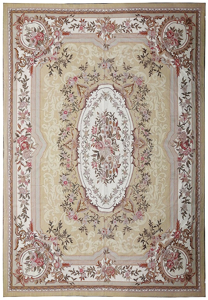 9 x 12 Needle Point French Aubusson Rug: 9 x 12 Needle Point French Aubusson Rug Free continental US Shipping Size in Feet: Width: 8.8x Length:11.10 Size in Inches: Width:104in x Length:142in Rug Type: Area Rug Colors: Ivory Green gold Pink