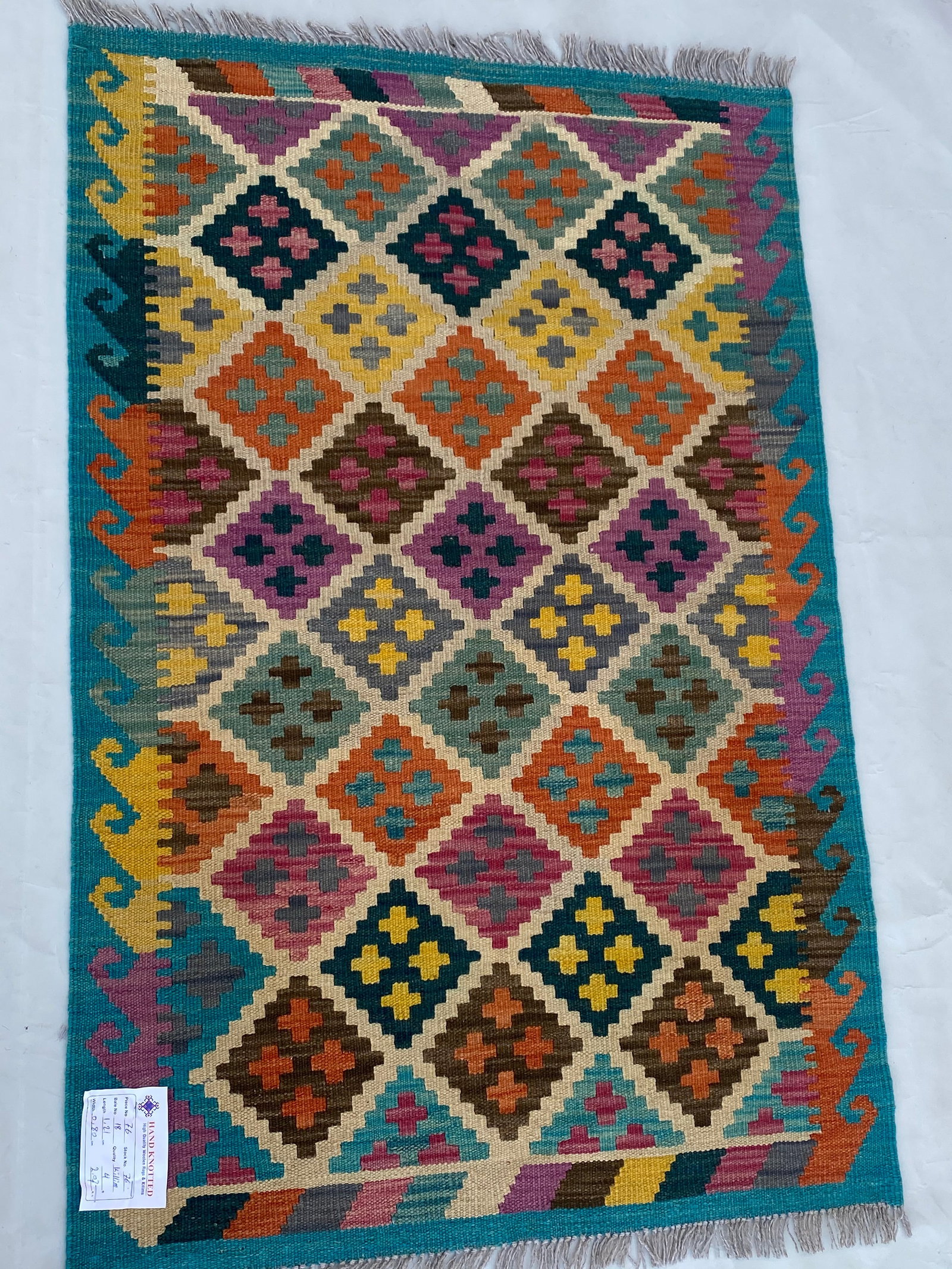 3 x 4 Multi-Color Sea Green Kilim Rug: 3 x 4 Multi-Color Sea Green Kilim Rug Free continental US Shipping Size in Feet: Width: 3 x Length: 4 Size in Inches: Width: 36 in x Length: 48 in Colors: MultiColor Sea Green Yellow Ivory Weave: 100%