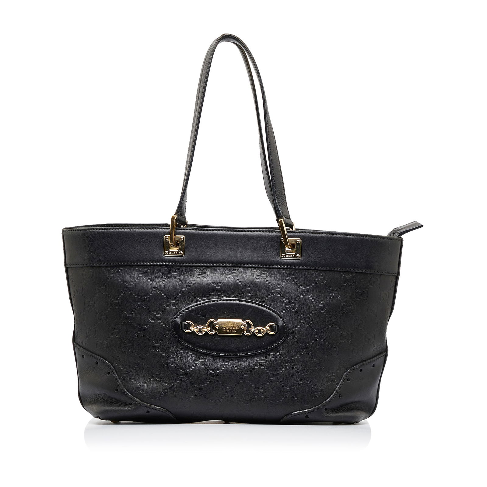 Guccissima Punch Tote: Guccissima Punch Tote The Guccissima Punch tote features an embossed leather body flat leather handles a top zip closure and interior zip and slip pockets. Brand: Gucci Model: Guccissima Punch Tote Or
