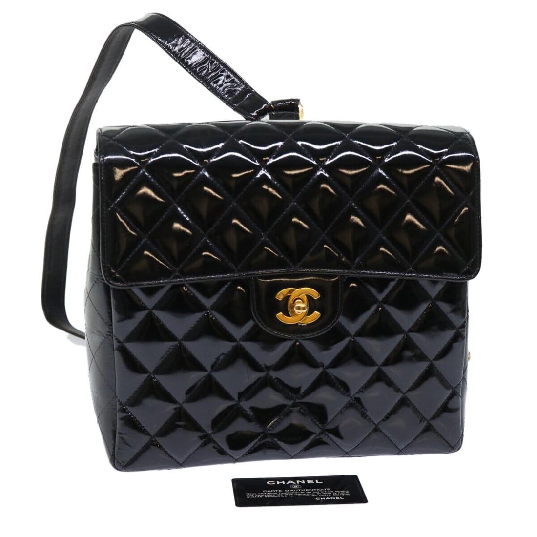 CHANEL Matelasse Chain Backpack Enamel Black CC: CHANEL Matelasse Chain Backpack Enamel Black CC Style: Backpack Material: Enamel Exterior Color: Black Bag Height: 8.3inch(Approx) / 21cm(Approx) Bag Depth: 3.0inch(Approx) / 7.5cm(Approx) Bag Length: