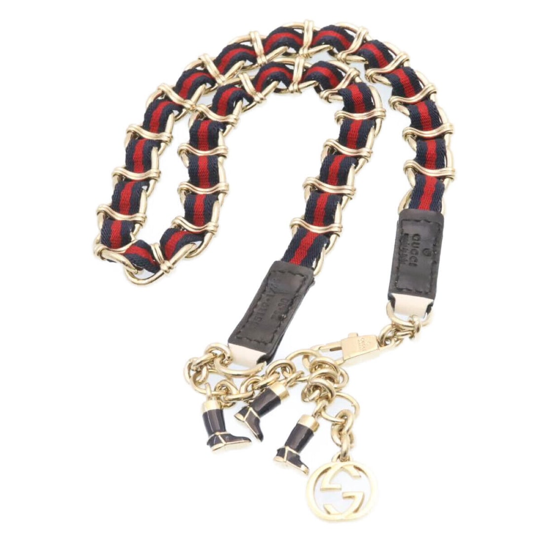 GUCCI Sherry Line Chain Belt Navy Red: GUCCI Sherry Line Chain Belt Navy Red Style: Belt Color: Navy / Red Country Of Manufacture: Italy Type: Belt B: Reasonable Wear and Tear The BIDHAUS Guarantee: All items in this auction are guaranteed