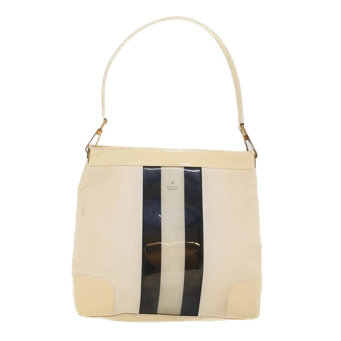 GUCCI Sherry Line Shoulder Bag Canvas Patent leather White 0014231: GUCCI Sherry Line Shoulder Bag Canvas Patent leather White 0014231 Style: Shoulder Bag Material: Canvas Exterior Color: White Bag Height: 10.6inch(Approx) / 27cm(Approx) Bag Depth: 2.0inch(Approx) / 5