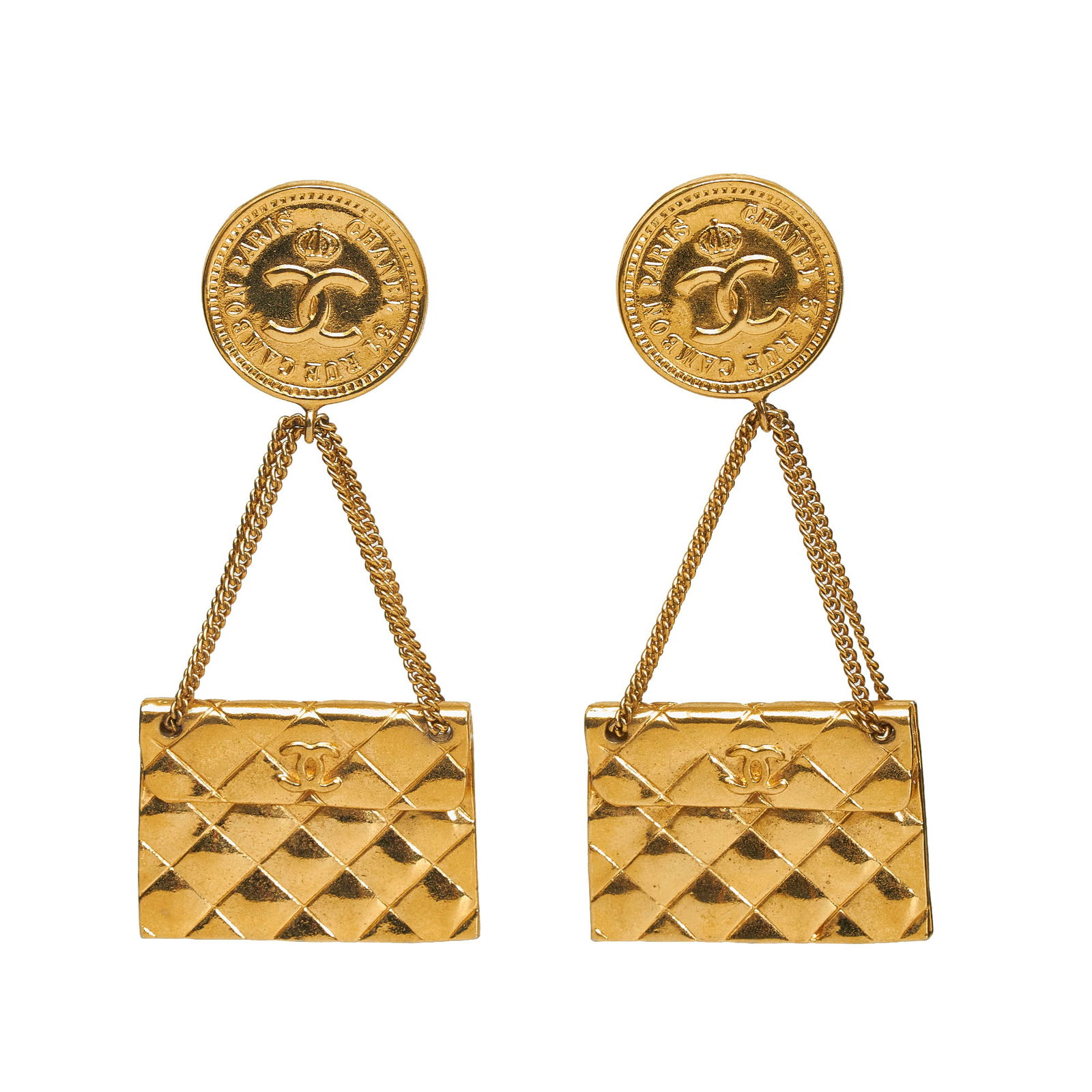 Chanel CC Flap Clip On Earrings: Chanel CC Flap Clip On Earrings These earrings feature a gold-plated body and clip-on lock closure. Brand: Chanel Model: CC Flap Clip On Earrings Origin: France Category: Costume Color: Gold Style: Ma