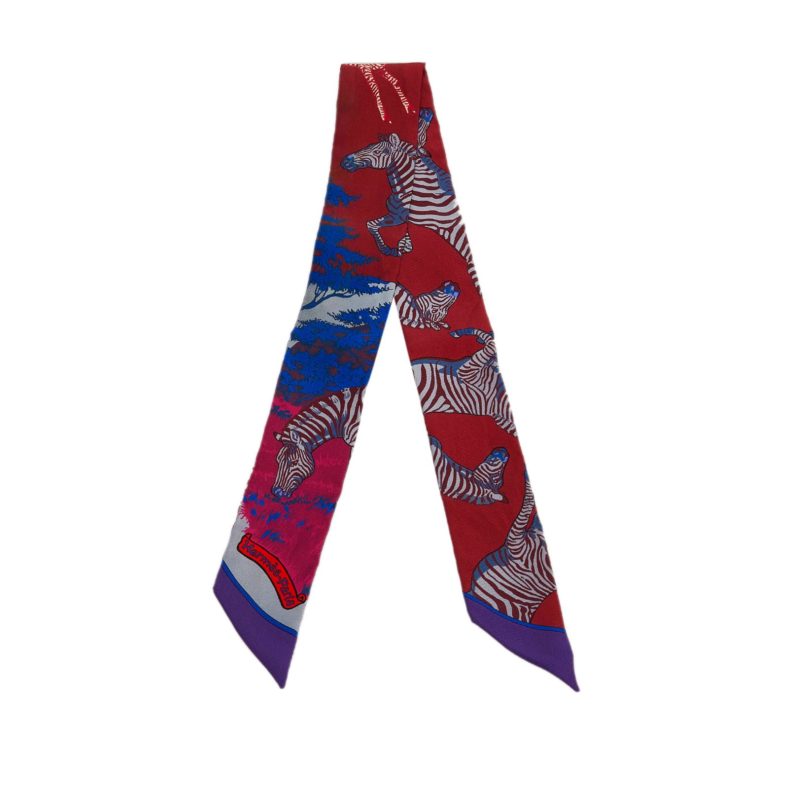 Hermes Les Zebres Twilly: Hermes Les Zebres Twilly This scarf features a print on 100% silk. Brand: Hermes Model: Les Zebres Twilly Origin: France Category: Accessories Color: Blue Style: Material: Fabric Condition: B+ Length