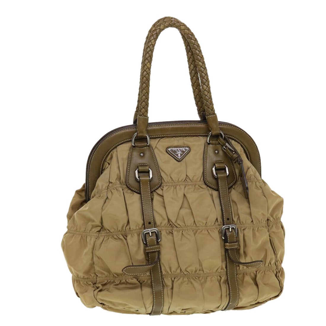 PRADA Clasp Shoulder Bag Nylon Beige: PRADA Clasp Shoulder Bag Nylon Beige Style: Shoulder Bag Material: Nylon Exterior Color: Beige Bag Height: 14.2inch(Approx) / 36cm(Approx) Bag Depth: 5.5inch(Approx) / 14cm(Approx) Bag Length: 13.4inc