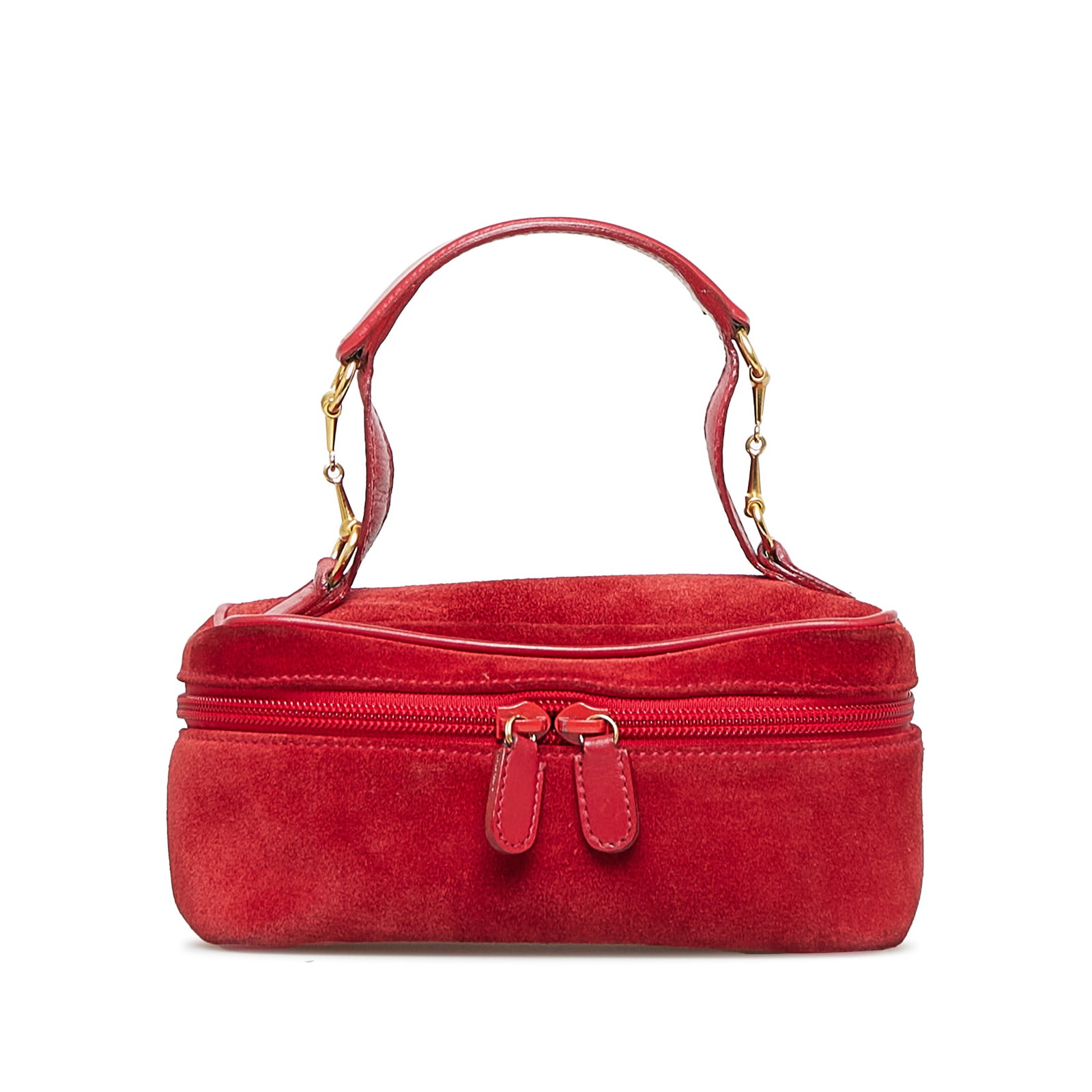 Gucci Horsebit Vanity Bag: Gucci Horsebit Vanity Bag This vanity bag features a suede body a flat leather top handle and a top zip-around closure. Brand: Gucci Model: Horsebit Vanity Bag Origin: Italy Category: Bags Color: Red 