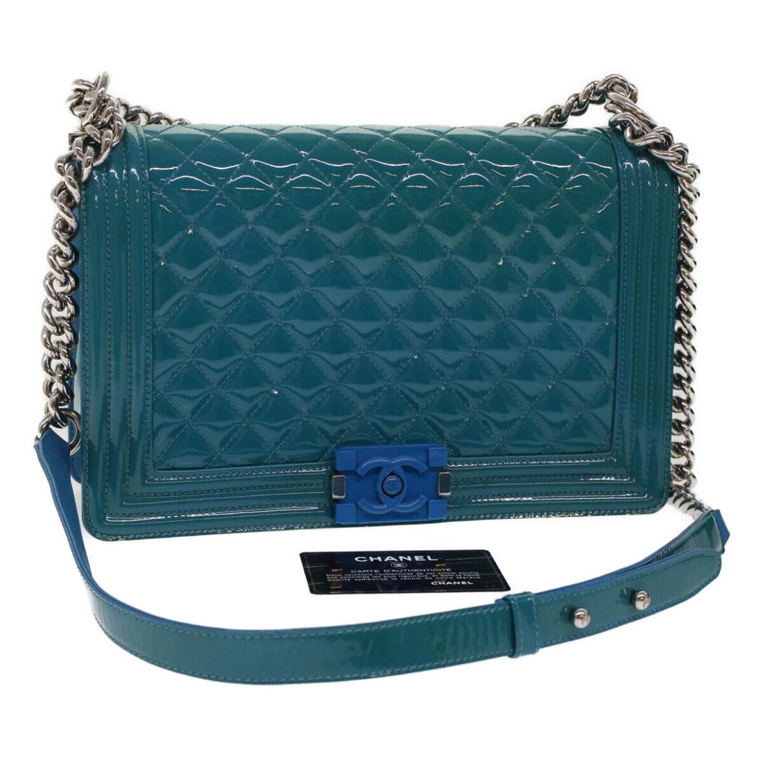 CHANEL Boy Chanel Shoulder Bag Patent Leather Turquoise Blue CC: CHANEL Boy Chanel Shoulder Bag Patent Leather Turquoise Blue CC Style: Shoulder Bag Material: Patent Leather Exterior Color: Turquoise Blue Bag Height: 7.1inch(Approx) / 18cm(Approx) Bag Depth: 3.1inc