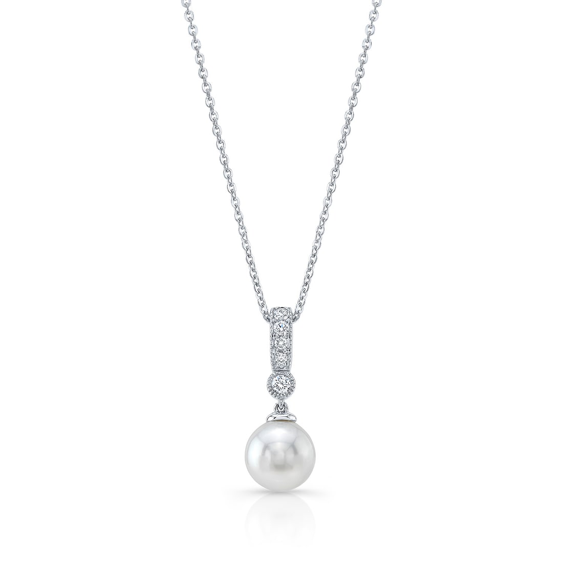 Cultured Pearl And Diamond Dangle Pendant With Prong-set Bail And Bezel Accent In 14k White Gold: Cultured Pearl And Diamond Dangle Pendant With Prong-set Bail And Bezel Accent In 14k White Gold (8.0-8.5mm) (si) Classic Drop Pendant With Prong-set Bail And Bezel Accent Features An 8.0-8.5mm White 