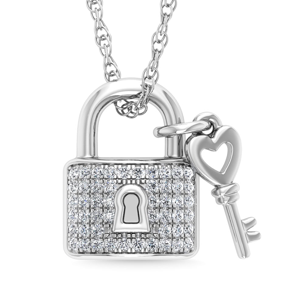 Diamond 1/20 Ct.Tw. Lock and Key Pendant in 925 Silver: Diamond 1/20 Ct.Tw. Lock and Key Pendant in 925 Silver Metal: 925 Silver Stone Count: 50.0 Stone Shape: Round Stone Type: Diamond Stone Color: G-h Stone Clarity: I3 Stone Weight (Carat): 0.08 The BIDH