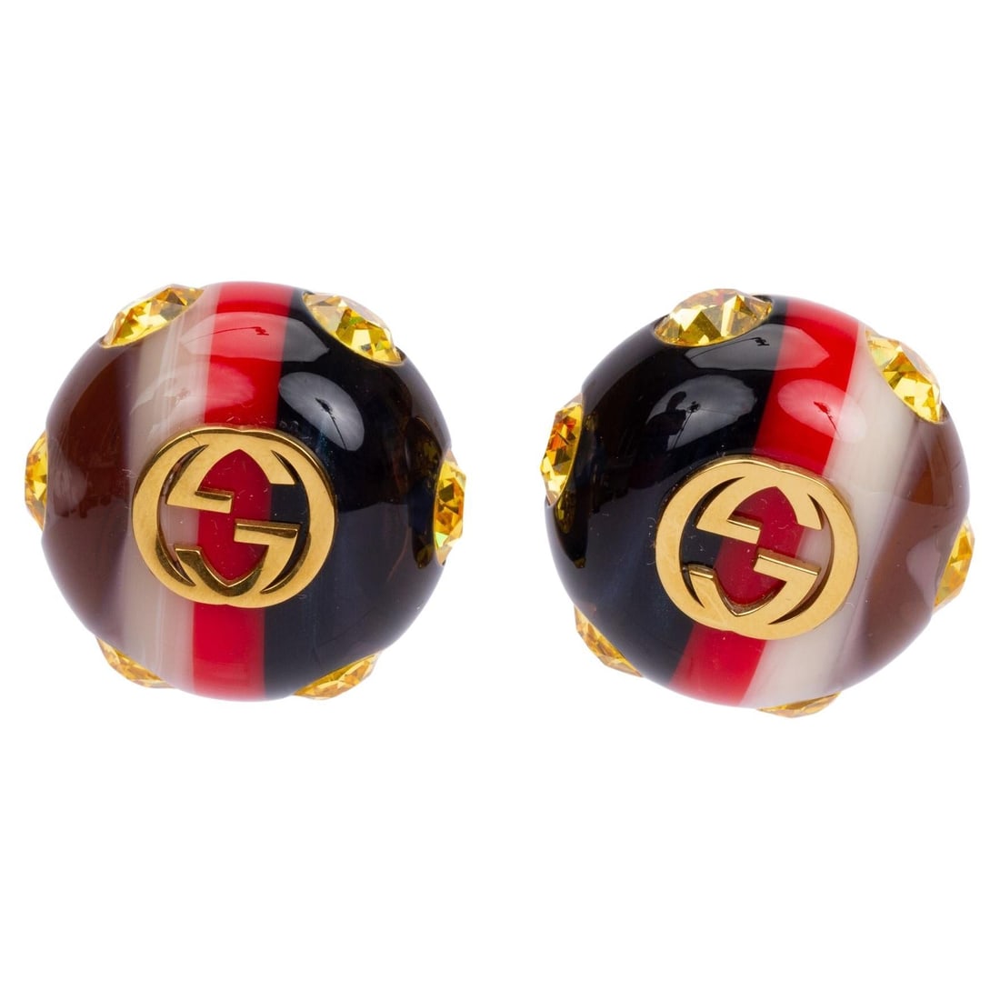 Gucci Round Earrings with Yellow Crystal: Gucci Round Earrings with Yellow Crystal Creator: Gucci Metal: Base Metal Dimensions: Diameter: 1 in (25.4 mm) Place of Origin: Italy Period: 21st Century Date of Manufacture: 2021 Pre-Owned The BIDHA