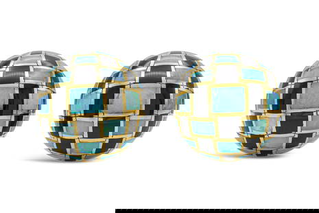 Tiffany & Co. Angela Cummings Checkerboard Earrings: Tiffany & Co. Angela Cummings Checkerboard Earrings Finely crafted in 18K yellow gold with black jade and opal in a checkerboard pattern. Signed by Angela Cummings for Tiffany & Co. The BIDHAUS Guaran
