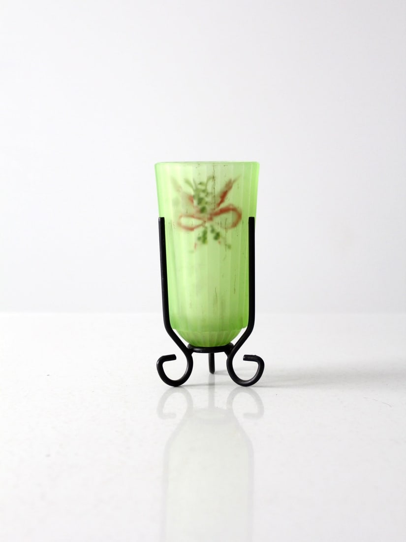 Vintage Depression Glass Candle Holder: Vintage Depression Glass Candle Holder This is a vintage hand-painted glass candle holder from the early 20th century. The ribbed frosted green glass candle cup features a hand painted floral bouquet