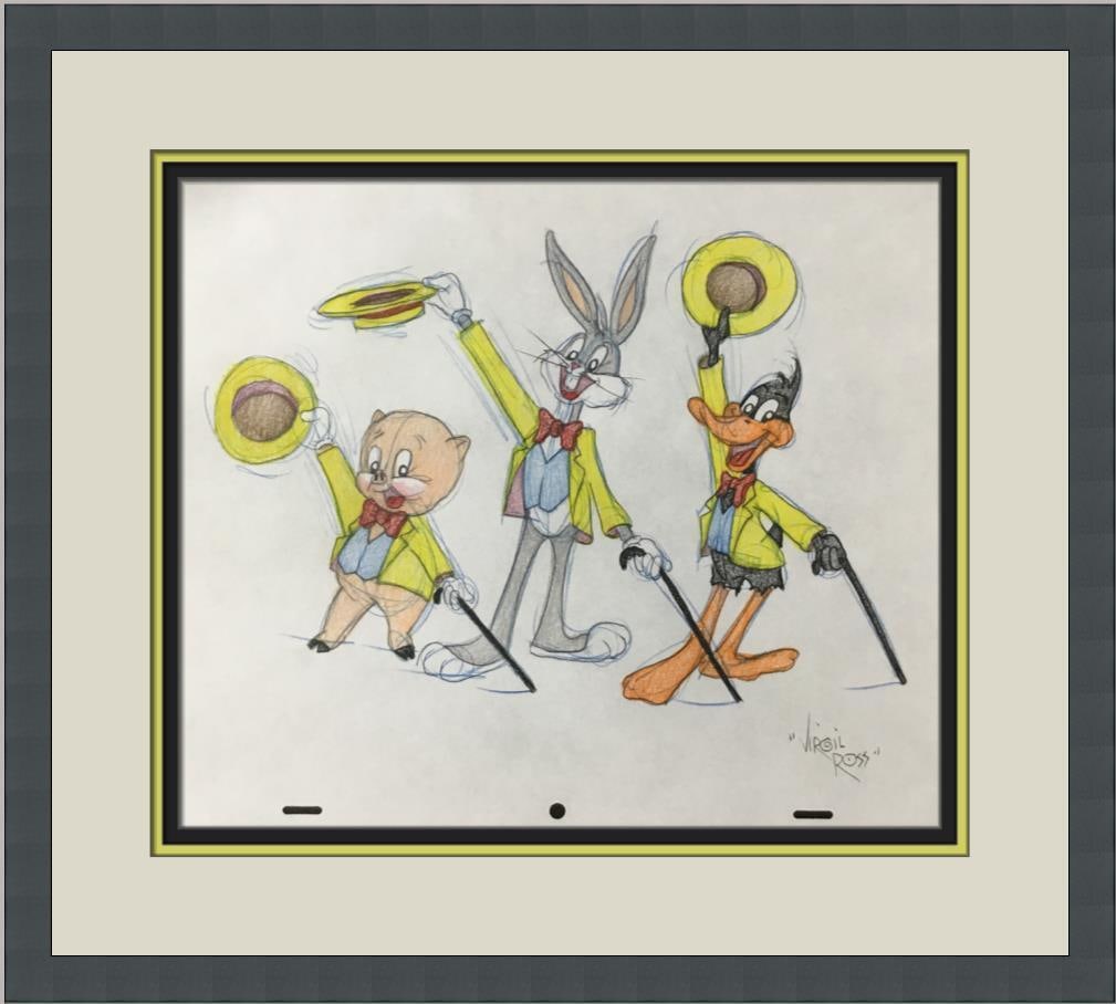 Virgil Ross Original Signed Model Sheet Drawing Porky Bugs Daffy Custom Framed: Virgil Ross Original Signed Model Sheet Drawing Porky Bugs Daffy Custom Framed Character: Porky Pig Bugs Bunny Daffy Duck Animation Studio: Warner Bros Item Height: 10 in Item Width: 12 in Theme: Anim