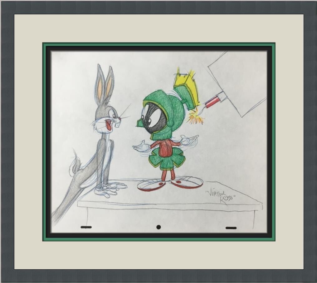 Virgil Ross Original Signed Model Sheet Drawing Bugs Bunny Marvin Martian Framed: Virgil Ross Original Signed Model Sheet Drawing Bugs Bunny Marvin Martian Framed Animation Studio: Warner Bros Character: Bugs Bunny Marvin The Martian Signed By: Virgil Ross Tradition: Western Animat