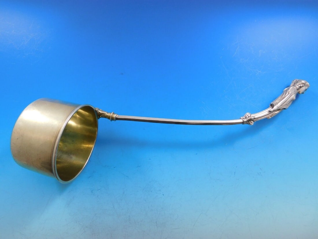 George Sharp Sterling Silver Oyster Ladle GW Bucket Bowl Woman Bust 11 1/2": George Sharp Sterling Silver Oyster Ladle GW Bucket Bowl Woman Bust 11 1/2" Composition: Sterling Silver Type: Ladle George sharpsterling silver soup ladle gold washed bucket bowl with a woman bust at
