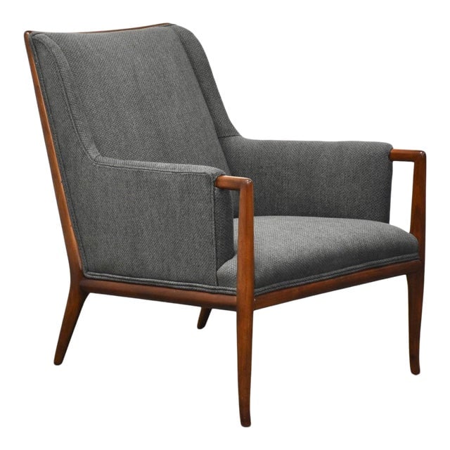 Robsjohn Gibbings for Widdicomb Walnut Lounge Chair: Robsjohn Gibbings for Widdicomb Walnut Lounge Chair A mid century modern walnut lounge chair with grey fabric designed by T.H. Robsjohn Gibbings for Widdicomb. Seat height is 15.5" 25.5" wide. 33.25" 