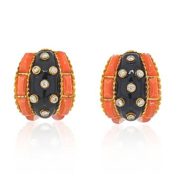 David Webb - 18K Yellow Gold Orange Enamel Clip On Earrings