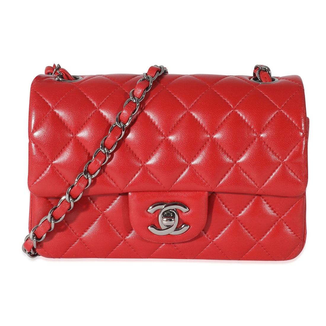 Chanel Red Quilted Lambskin Mini Rectangular Flap Bag: Chanel Red Quilted Lambskin Mini Rectangular Flap Bag Dimensions: 7.7 x 4.7 x 2.5 Handbag Accessories: None Bag Width: 7.7 in Bag Depth: 2.5 in Bag Height: 4.7 in Style: Crossbody Bag;Mini Material: L